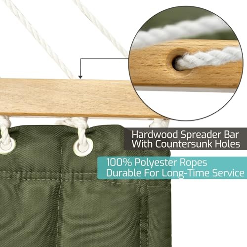 Double Quilted Fabric Hammock with Hardwood Spreader Bars and Pillow 450 Green