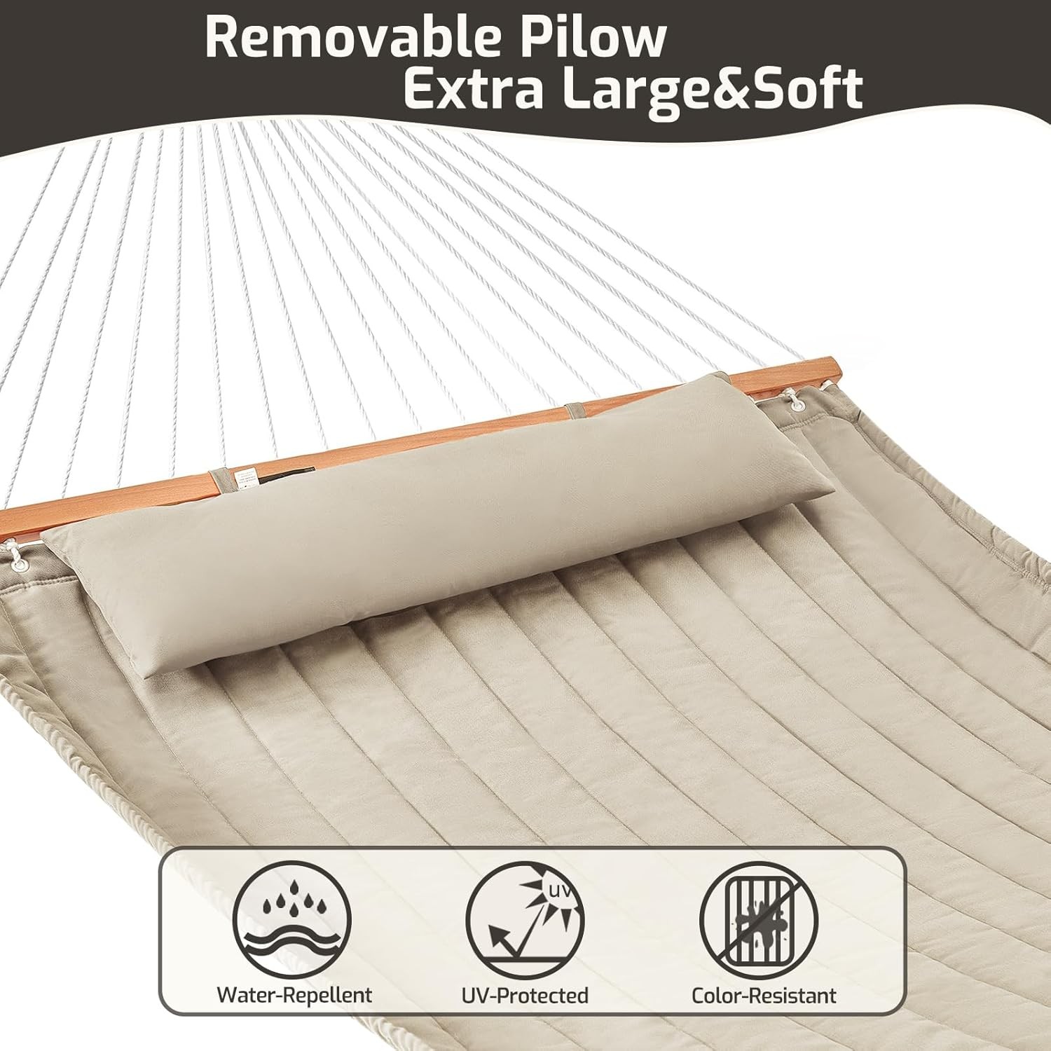 Double Quilted Fabric Hammock with Hardwood Spreader Bars and Pillow 450 LBS Cap