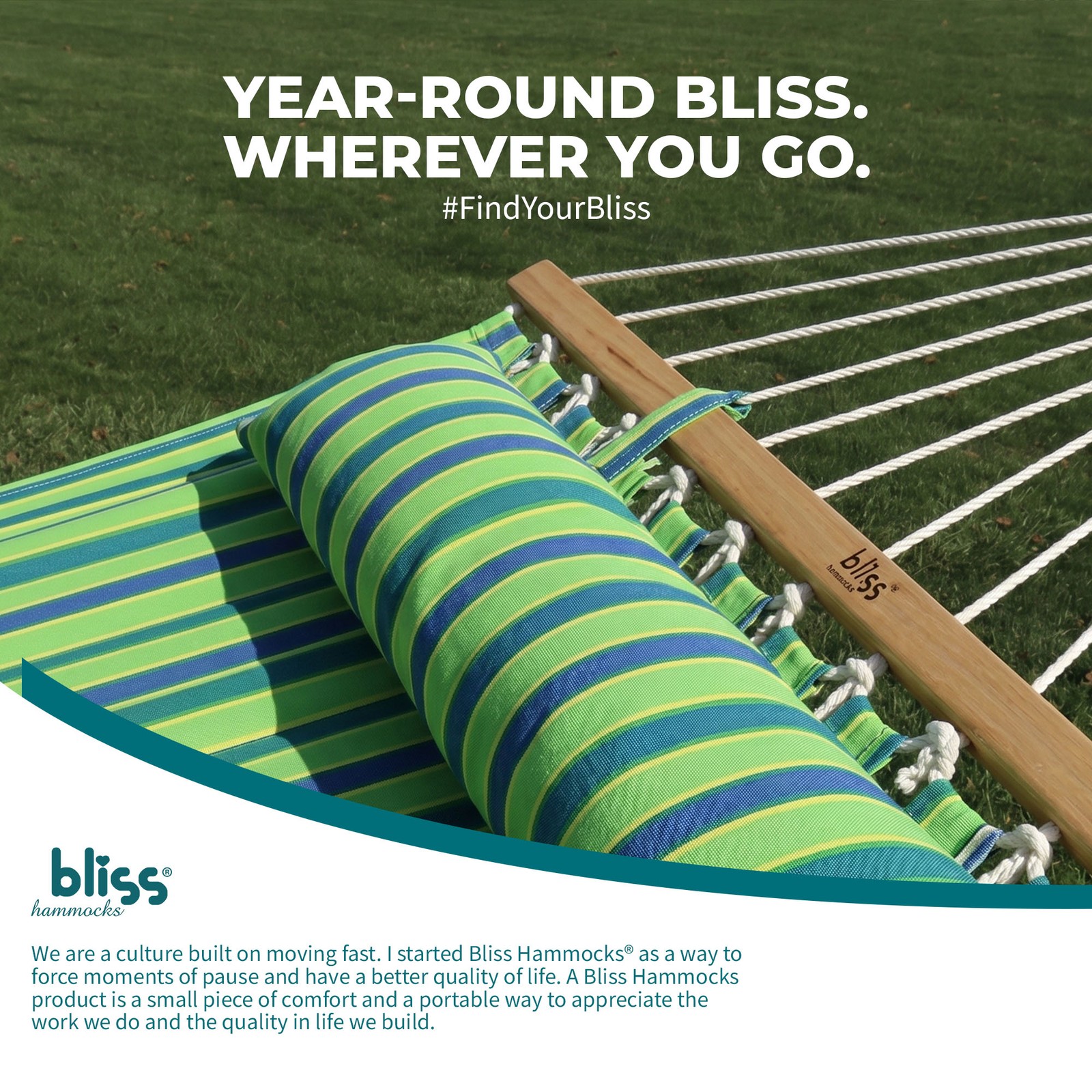 Bliss Hammocks Caribbean Hammock with Pillow & Hardware, 48″ Wide, Mediterranean
