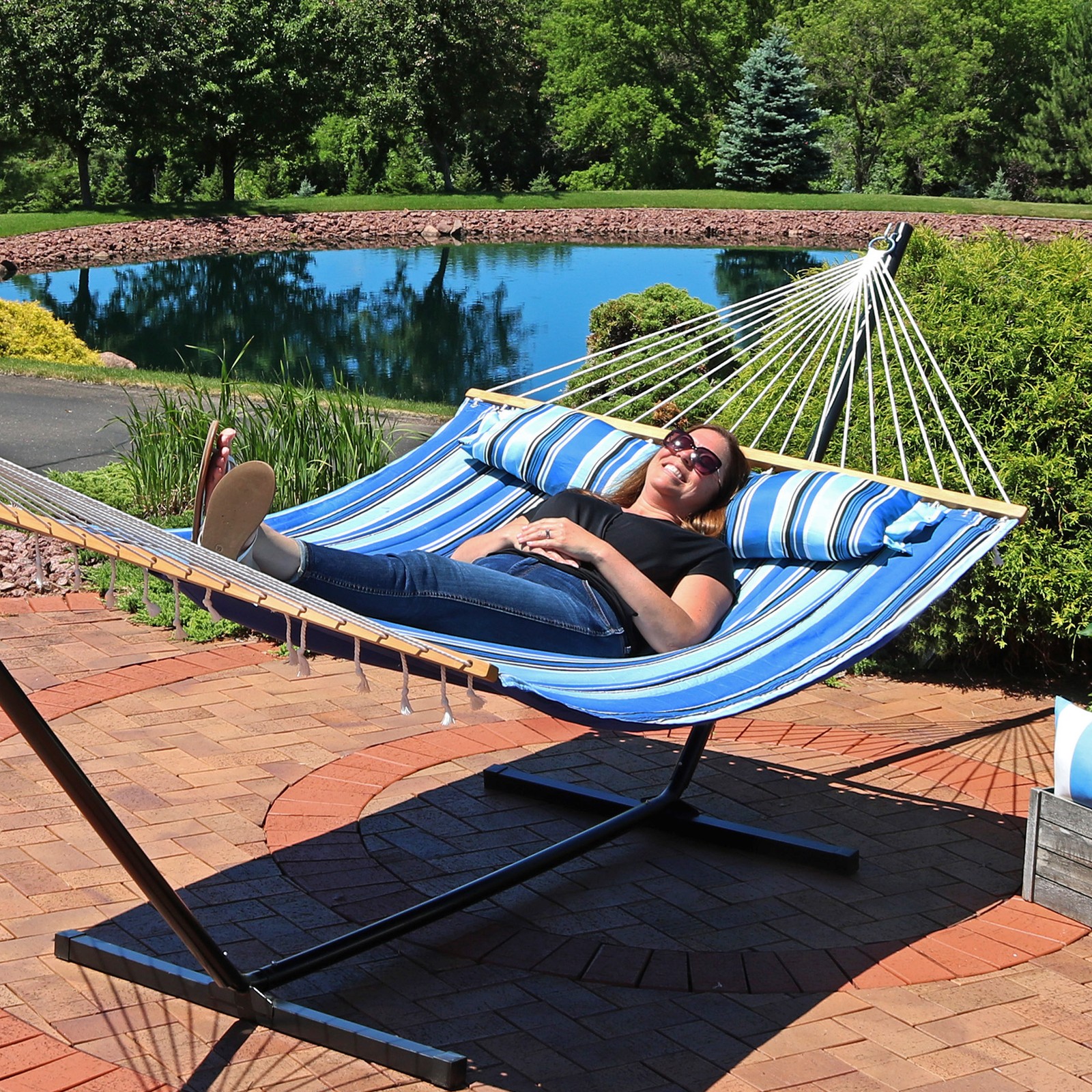 Large Quilted Hammock with Spreader Bar and Pillow – Misty Beach by Sunnydaze