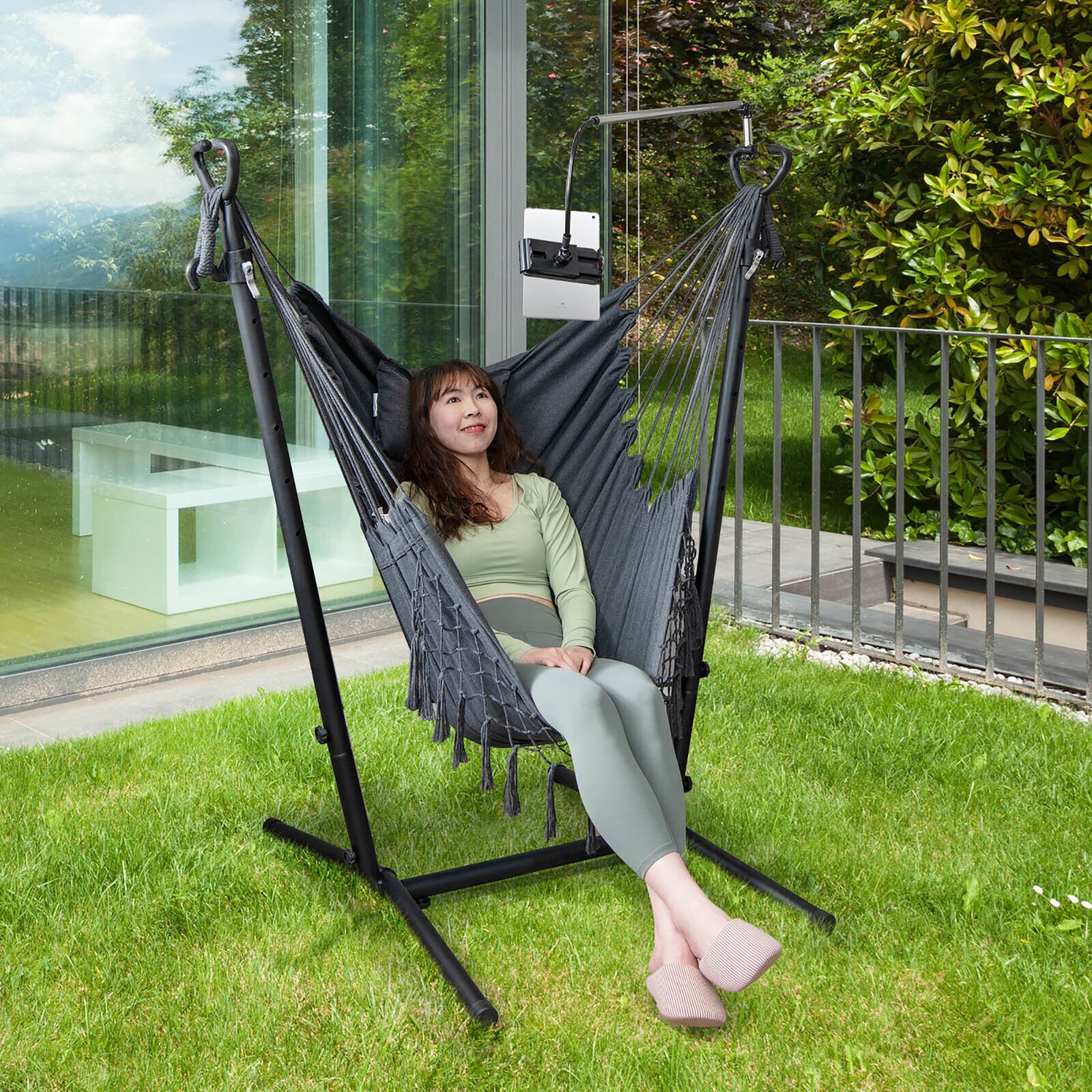 Hammock Chair with Stand Phone Holder Adjustable Swing Indoor & Outdoor Use