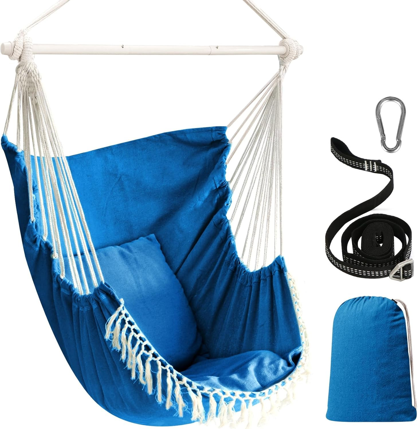 Hammock Swing Chair 500lbs 2 Cushion Steel Spreader Bar Portable Side Pocket