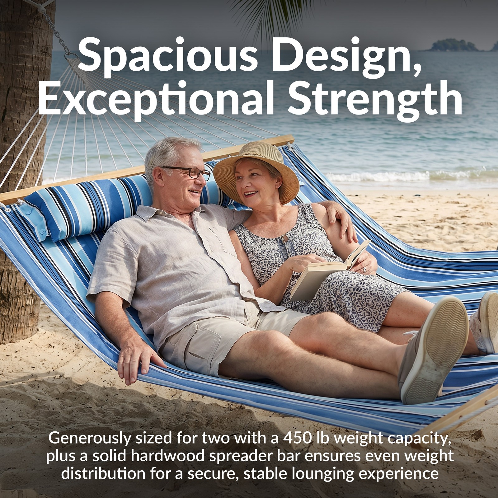 Large Quilted Hammock with Spreader Bar and Pillow – Misty Beach by Sunnydaze