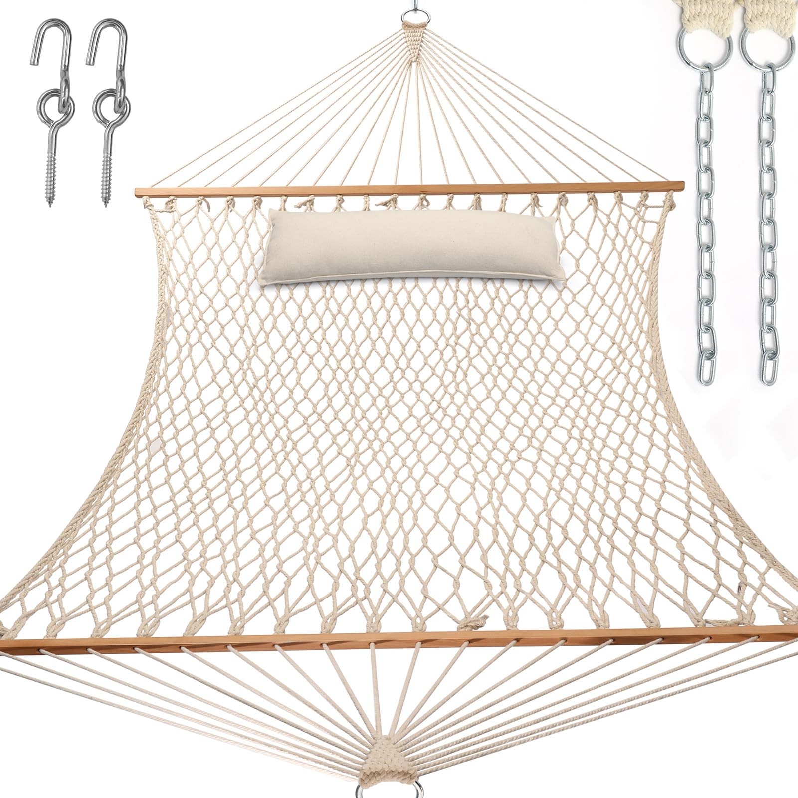 Y-STOP 13FT Double Hammock with Pillow, Rope Chains & Hooks – Natural
