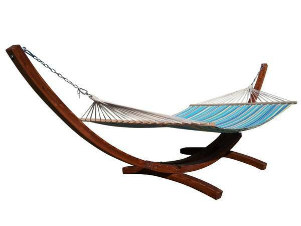 14″ Teak Stain Wood Arc Hammock Stand & Quilted Teal/Yellow Stripe Hammock Bed.