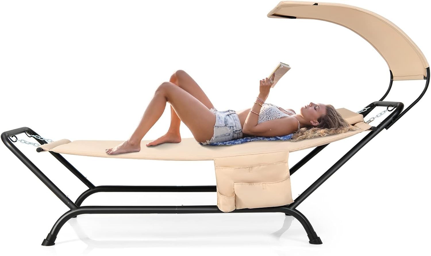 Outdoor Hammock Bed with Stand Heavy Duty Adjustable Sunshade Pillow Storage Poc